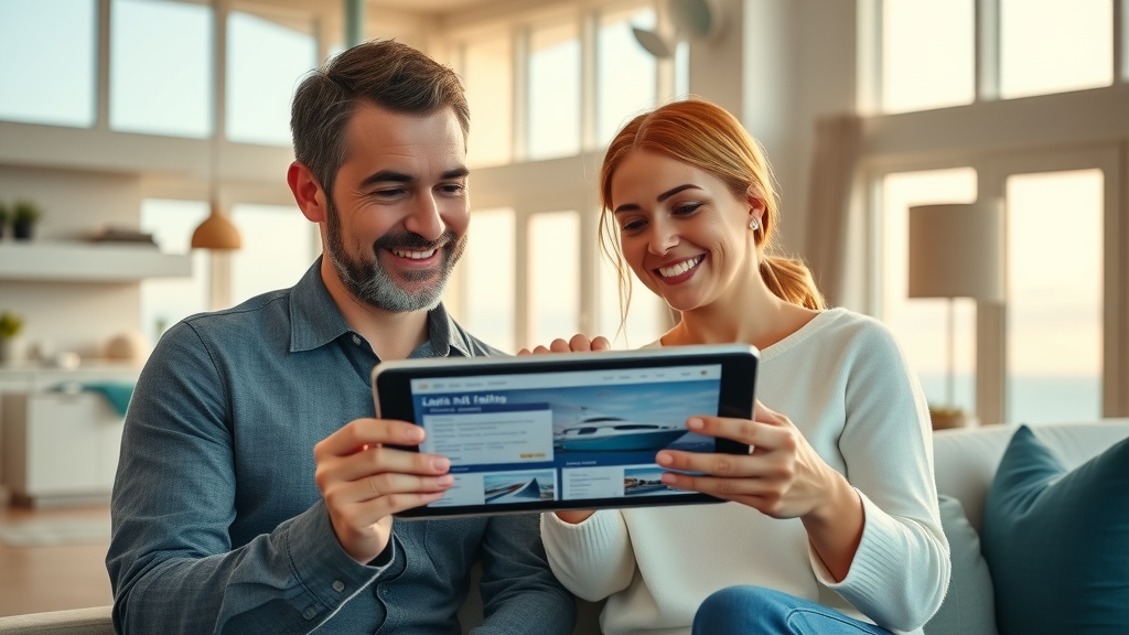 Relaxed couple browsing yacht rental options together on a tablet in a modern ocean-inspired living area, cabo san lucas yacht rental booking experience