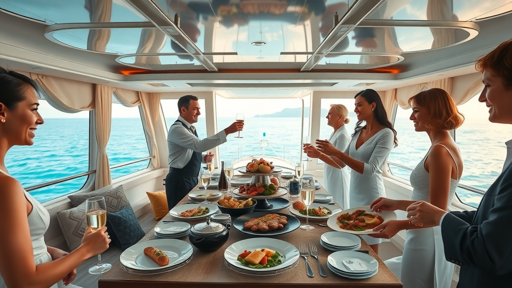 Luxurious yacht interior with gourmet catering, attentive crew, and panoramic sea views, cabo san lucas luxury yacht charter