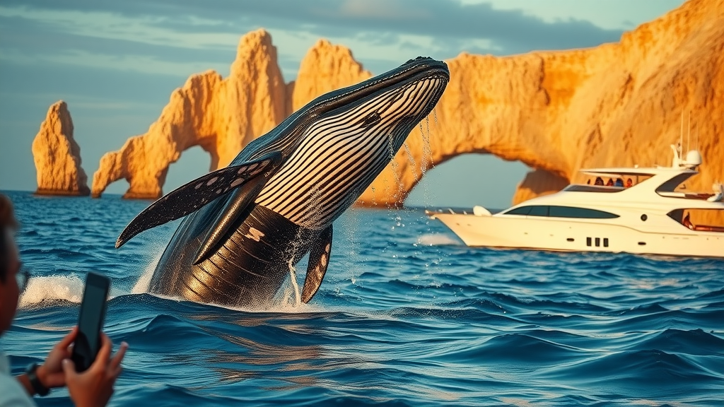 Majestic humpback whale breaching near a luxury yacht with excited guests, dramatic coastal cabo arch in background, unforgettable adventure with cabo san lucas boat rental