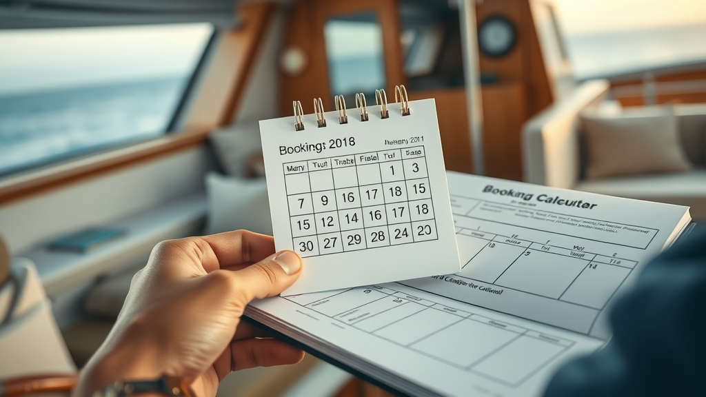 Elegant price tag and booking calendar overlay on realistic yacht interior, calculating cabo san lucas boat rental costs and value
