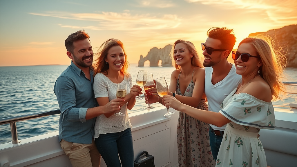 Exhilarated family and friends toasting on the deck of a luxury yacht at sunset, arch cliffs in the distance, cabo yacht rentals are the pinnacle of a cabo experience
