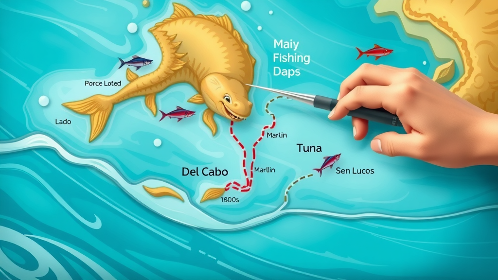 cabo fishing map highlighting main fishing grounds between Del Cabo and San Lucas with icons for marlin and tuna