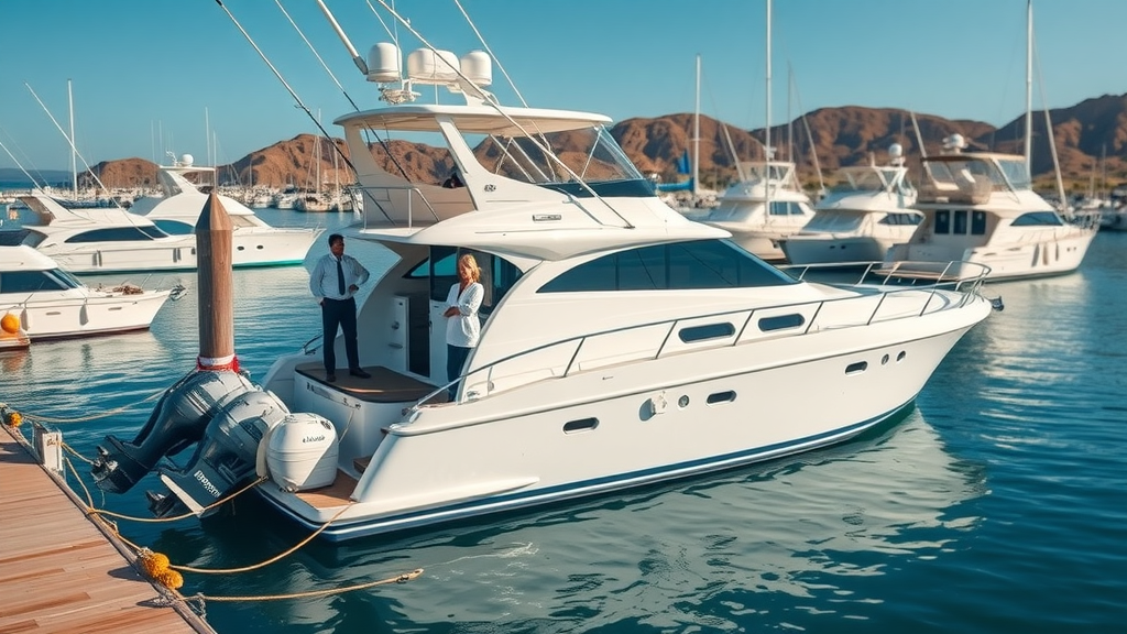 luxury cabo sportfishing charter boat at marina with crew welcoming guests, marina dotted with fishing charters, cool blue and white color palette