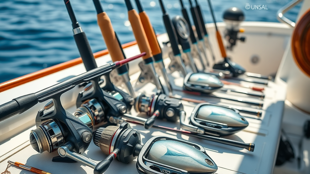 sportfishing gear and tackle for cabo fishing, rods, reels and lures with Sea of Cortez in background