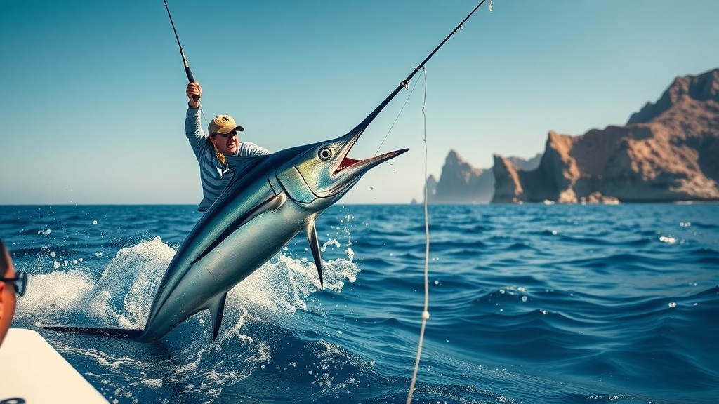 angler battling massive marlin in the sea of cortez near gordo banks, cabo sportfishing hotspot