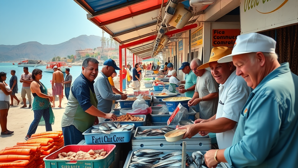 Baja coastline seafood market with Sea of Cortez, open-air stalls, vibrant displays, and natural daylight—seafood in Cabo