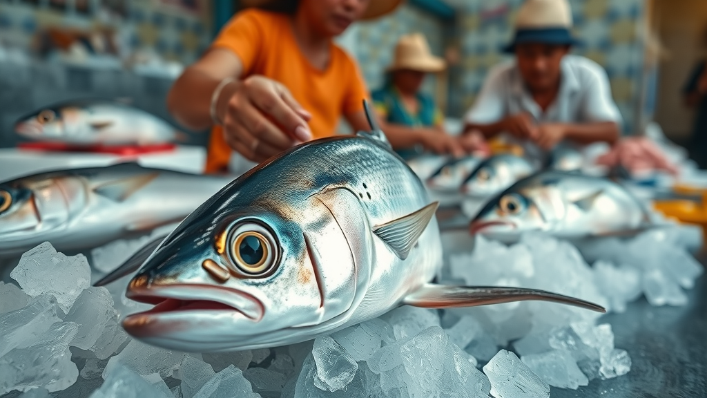 Close-up of fresh seafood in Cabo market: glistening fish, vendor inspecting, vibrant local scene