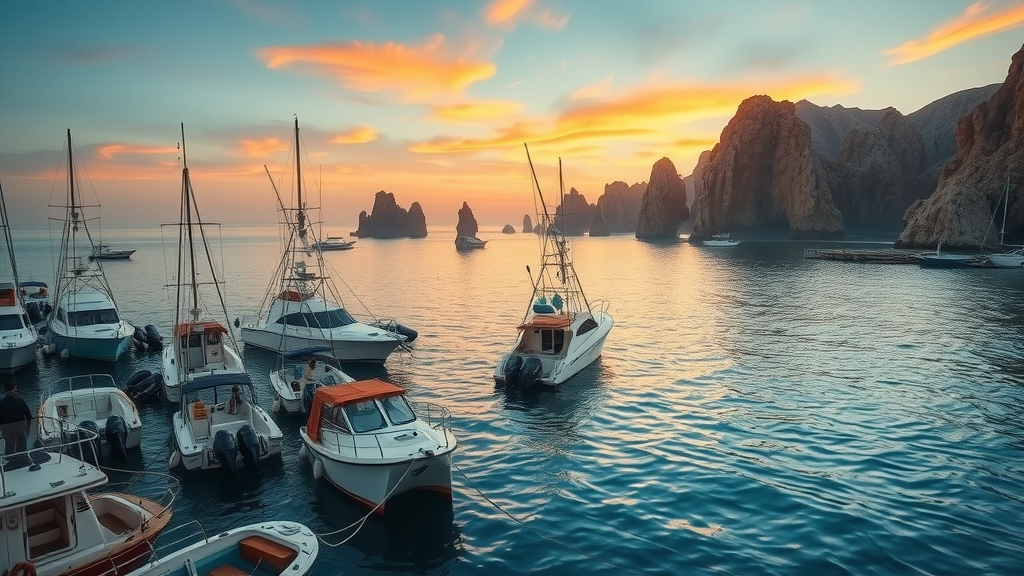 Cabo marina sunrise, fishermen unloading tuna and marlin—peak seafood season in Los Cabos