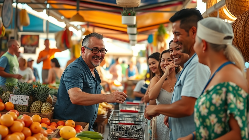 Sunlit Cabo food market with vibrant vendors and locals selecting fresh produce and seafood, showcasing cabo local cuisine in lively, detailed market scene