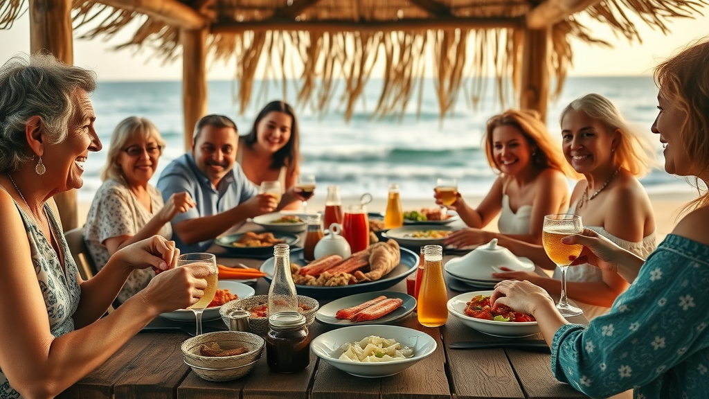 Authentic Baja feast with family serving and enjoying regional seafood and land dishes, showcasing los cabo culinary heritage