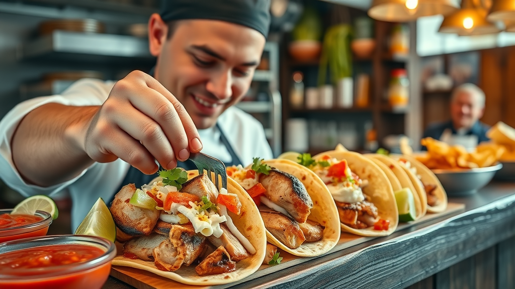 Mouthwatering artisanal fish tacos being garnished by a cheerful chef, showcasing authentic cabo local cuisine at a lively taqueria stall
