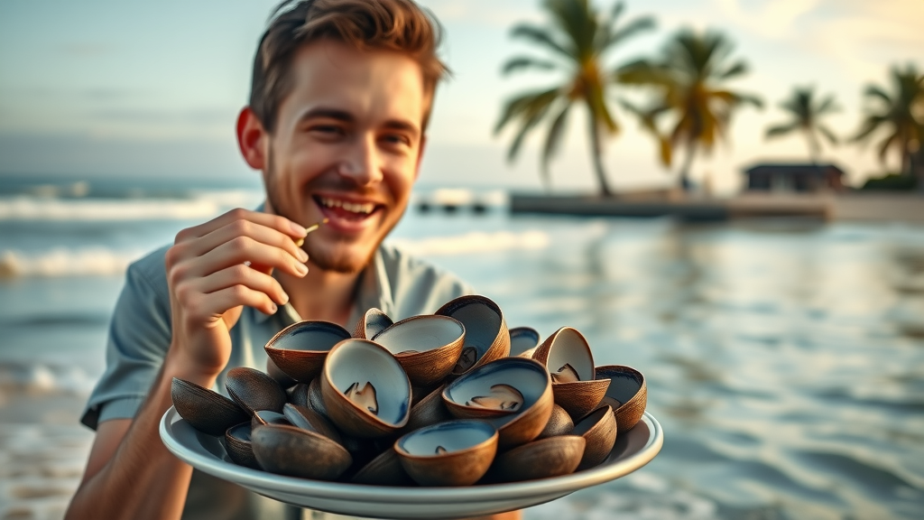 Platter of fresh chocolate clams savored by a delighted diner with tranquil sea backdrop, highlighting el mar influences in cabo local cuisine