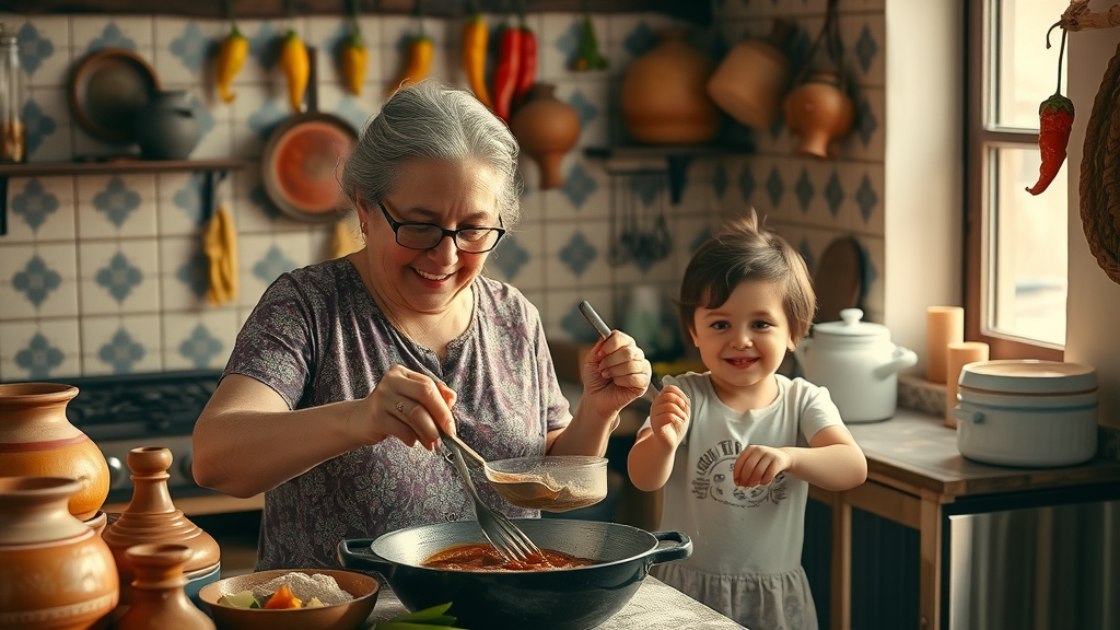 Cozy Baja family kitchen with grandmother and grandchild preparing mole, capturing the heart of cabo local cuisine