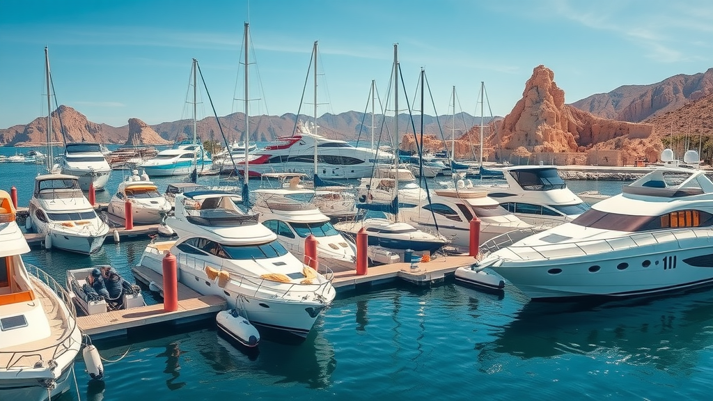 Vibrant marina in Cabo San Lucas, luxury yachts docked, relaxed and inviting, sunlit, highly detailed, yacht rental prices cabo