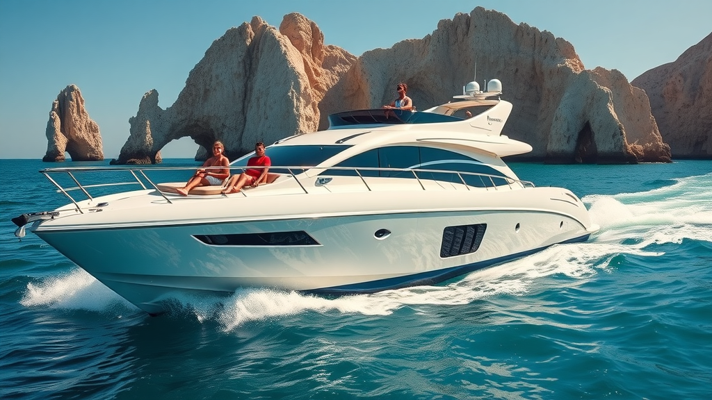 Elegant motor yacht cruising in Cabo San Lucas, luxury amenities, guests enjoying, iconic rocky arches, yacht rentals cabo san lucas