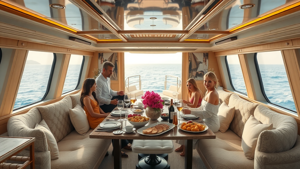 Opulent luxury yacht interior, plush seating, guests socializing, gourmet spread, ocean view, luxury yacht rental cabo