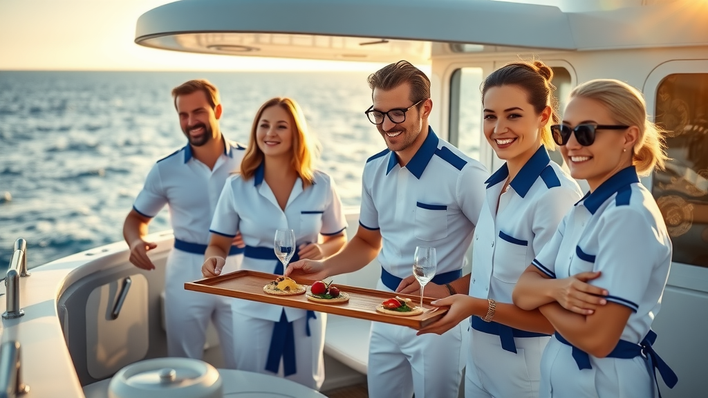 Welcoming yacht crew, serving gourmet food on deck, open sea, yacht rental prices cabo
