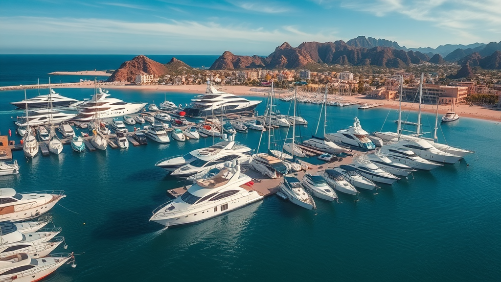 Aerial view of Cabo San Lucas marina, docked yachts, dramatic coastal mountains, best locations for yacht rental cabo