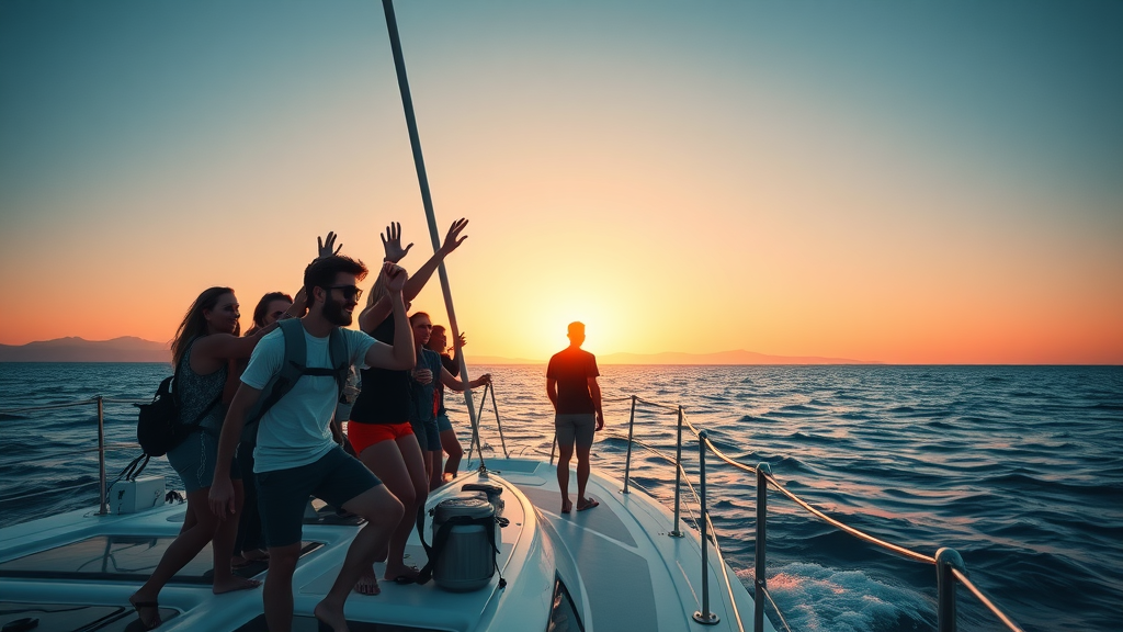 Adventurous group boarding a yacht at sunset, Baja California Sur coastline, yacht rental baja california sur