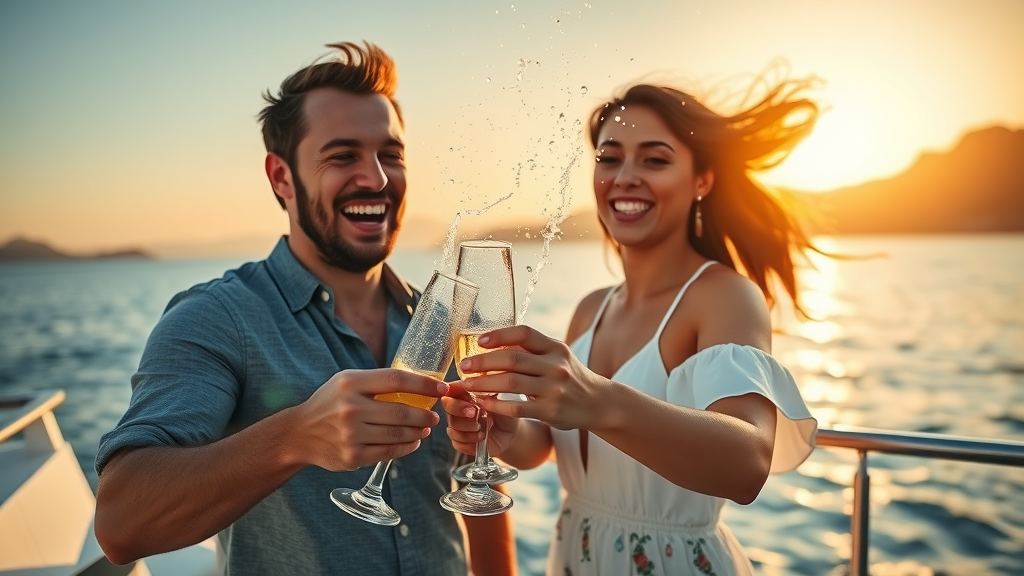 Excited young couple celebrating on yacht deck, popping champagne, sunset cruise, Cabo San Lucas coastline, yacht rental prices cabo