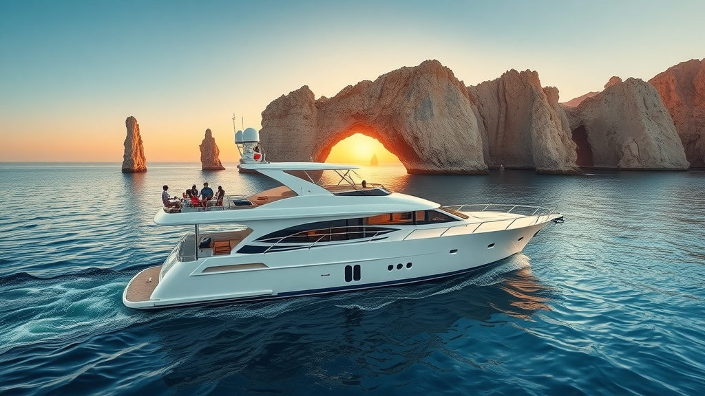 breathtaking luxury yacht anchored off the Cabo coastline, tranquil water, guests relaxing on the deck, dramatic rocky arch of Cabo in the background at sunset, highly detailed, golden hour lighting, private yacht hire cabo