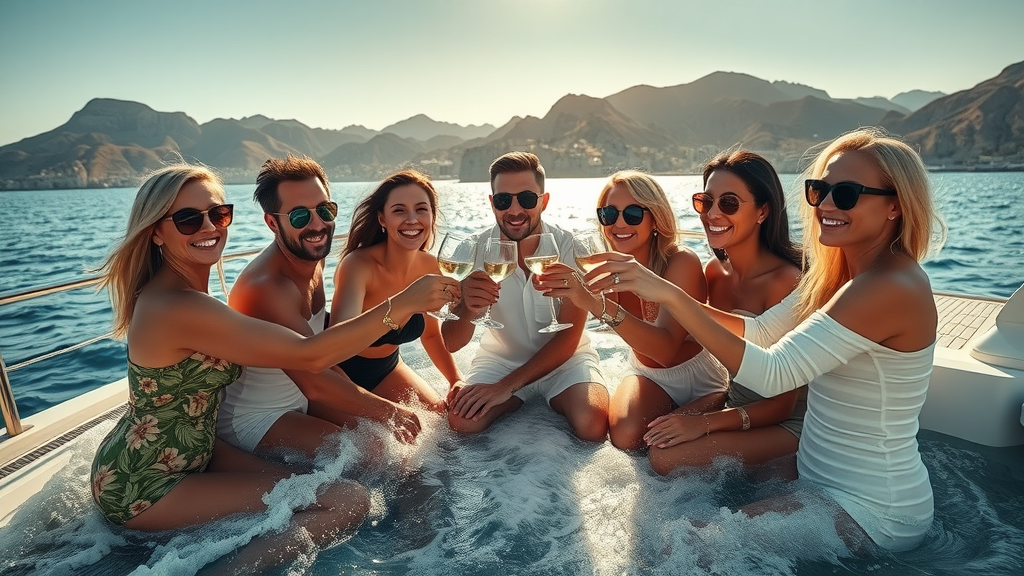 exclusive group of friends celebrating on a luxury yacht, sparkling ocean, toasting glasses, vibrant Los Cabos coast in background, crisp waves, sunlight reflecting, private yacht hire cabo