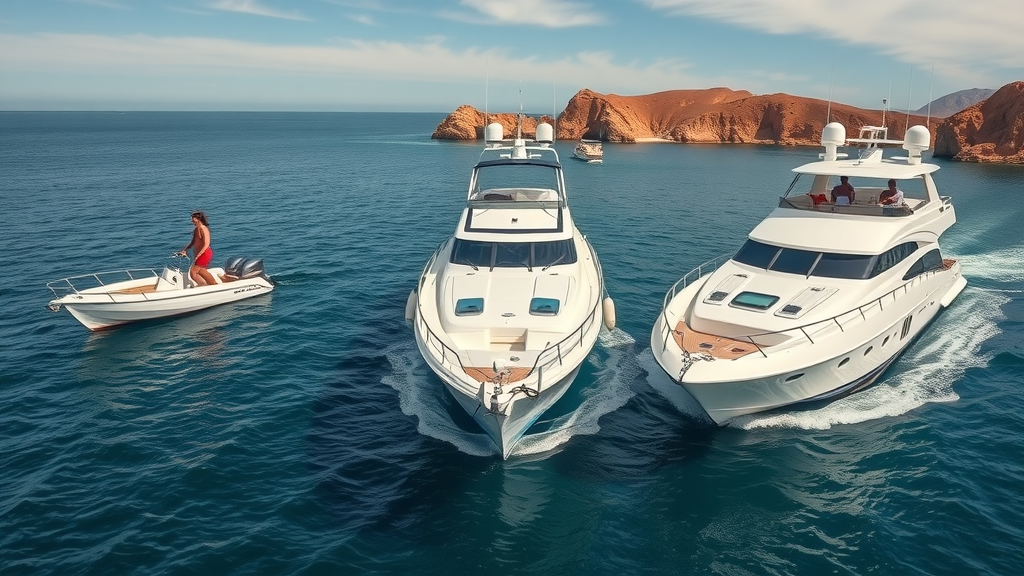 side-by-side comparison of three boats: small boat rental, standard yacht, and opulent private yacht off Cabo, calm water, informative, private yacht hire cabo