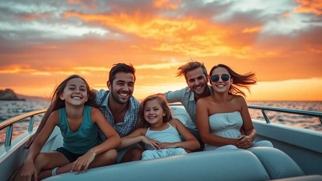 happy family with children and friends enjoying a sunset cruise on an elegant yacht, orange and purple skies, Baja coastline, private yacht hire cabo
