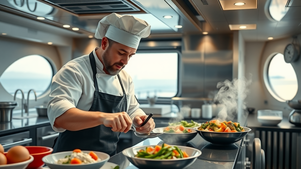 professional chef preparing gourmet dishes in a luxury yacht galley, culinary action, vibrant food colors, ocean glimpses, private yacht hire cabo