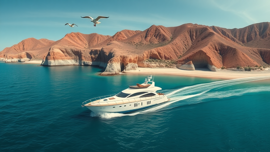 panoramic aerial view of a private yacht sailing along the stunning Baja California coastline, turquoise water, dramatic coastal cliffs, private yacht hire cabo