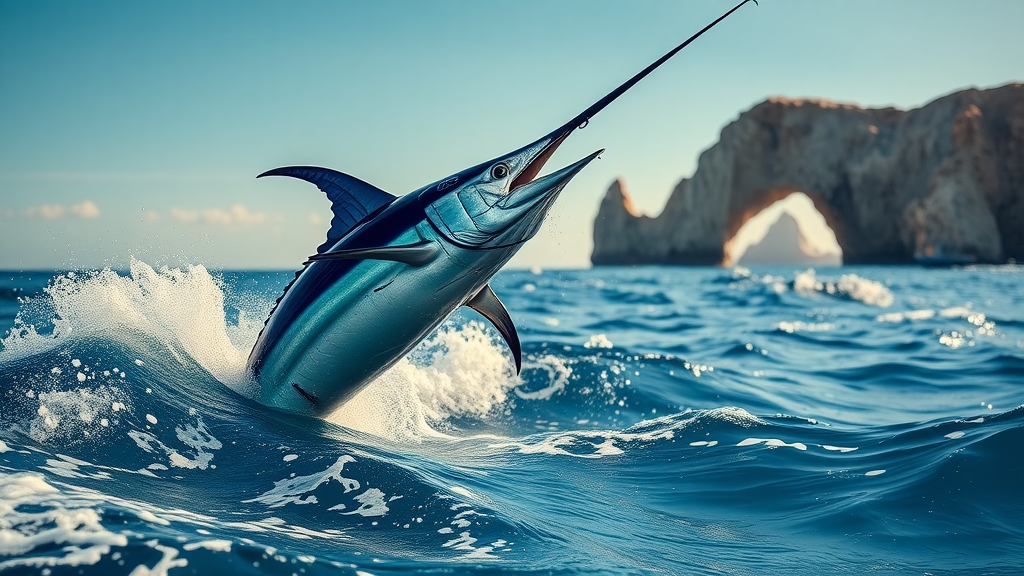 blue marlin deep sea fishing cabo iconic arch