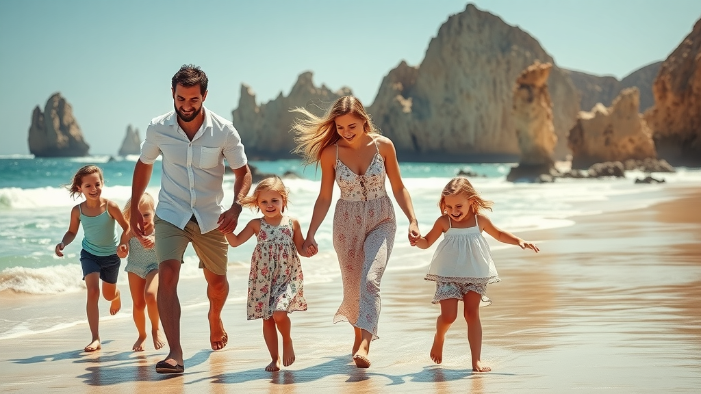 Multi-generational family exploring scenic beach on Cabo coastline, holding hands, sun-drenched with turquoise waters and rock formations - cabo family adventure tours