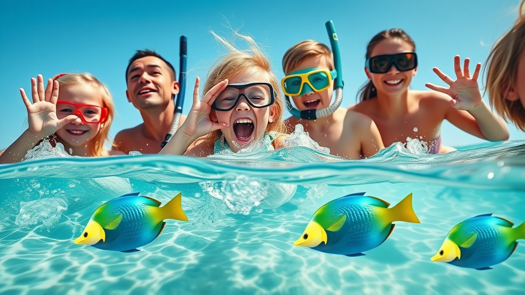 Children and adults preparing for snorkeling adventure on Cabo beachfront, tropical fish, blue and green water - snorkeling cabo family adventure tours