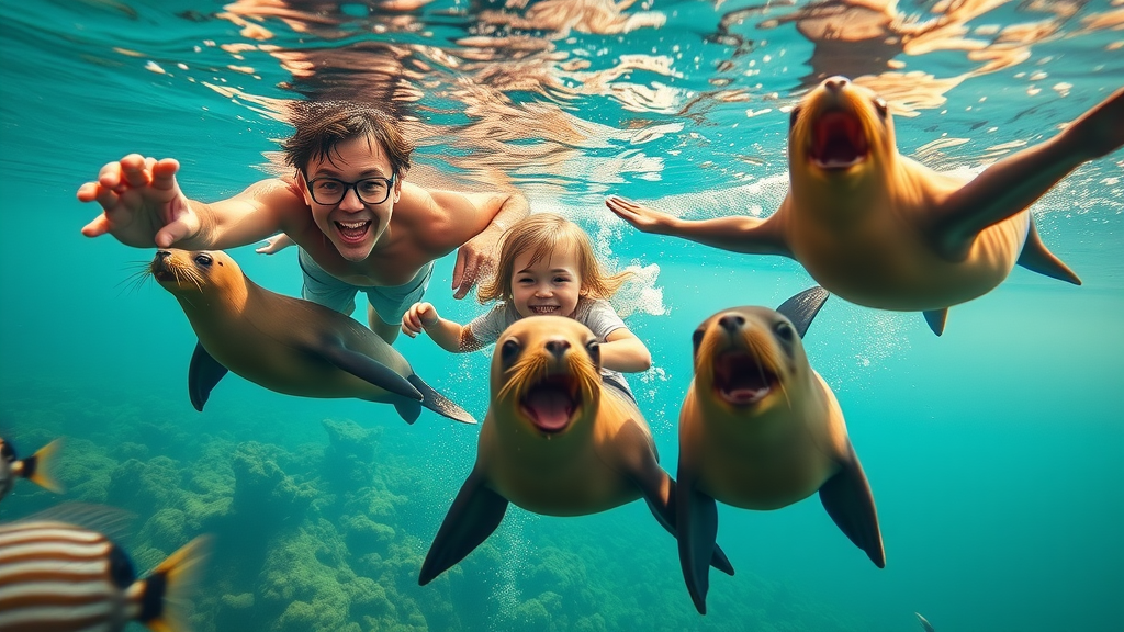 Family snorkeling with sea lions in clear Sea of Cortez waters, kelp and colorful tropical fish in Cabo San Lucas