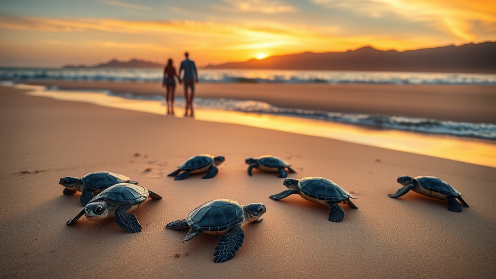 Family releasing baby sea turtles at sunset in San Jose del Cabo, golden beach and mountains, sea turtle conservation tour