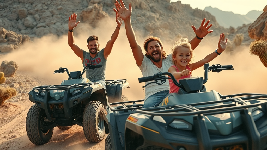 Family riding ATVs through rugged Baja California desert, cacti and dust trails in Los Cabos