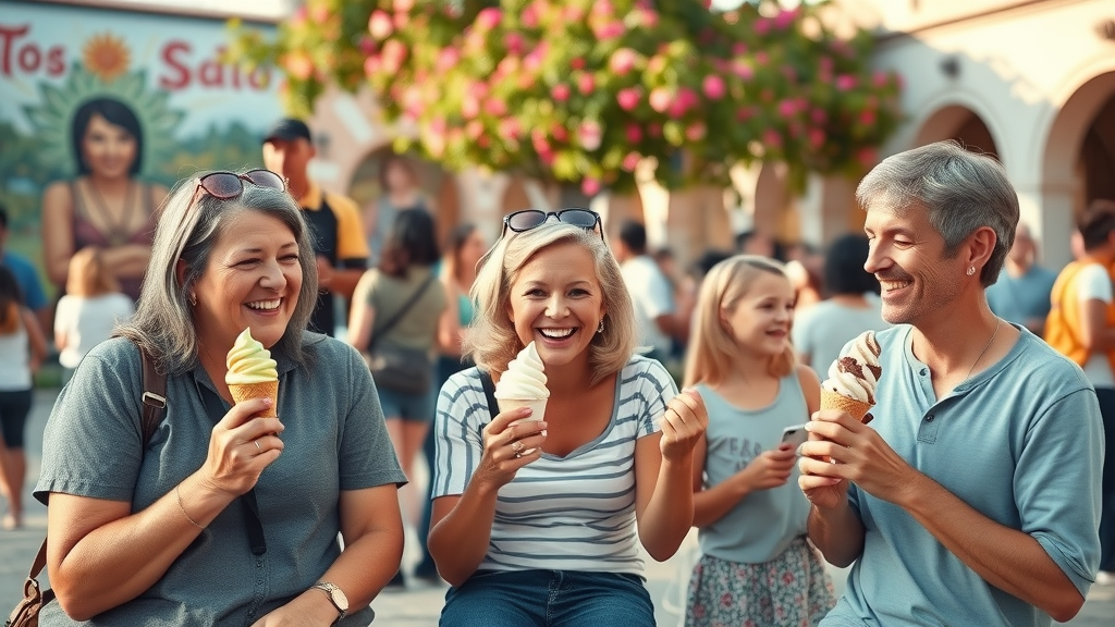 Family sampling artisanal ice cream in colorful art plaza of Todos Santos, flowering trees, murals, and crowds