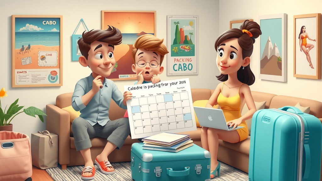 Family looking at calendar and packing for Cabo, to-do lists and swimwear, pastel colors - planning trip in August