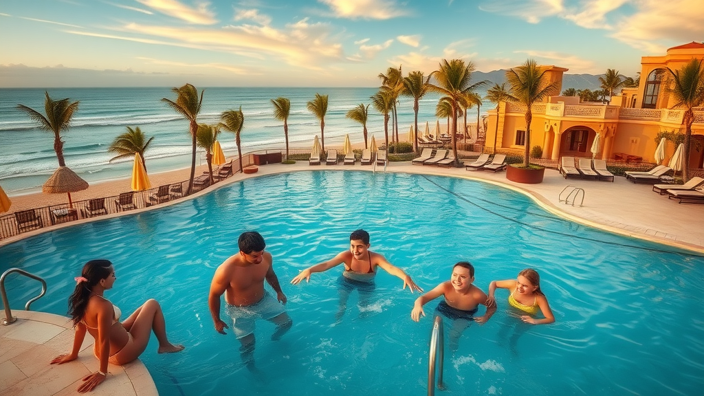 Luxurious Cabo beach resort with families enjoying pools and ocean views, palm trees and cabanas at sunset