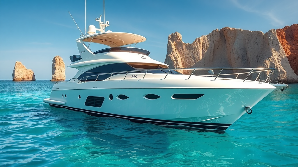 Breathtaking luxury fishing yacht rental anchored in crystal-clear turquoise Cabo San Lucas waters with iconic arch and rocky coastline in background