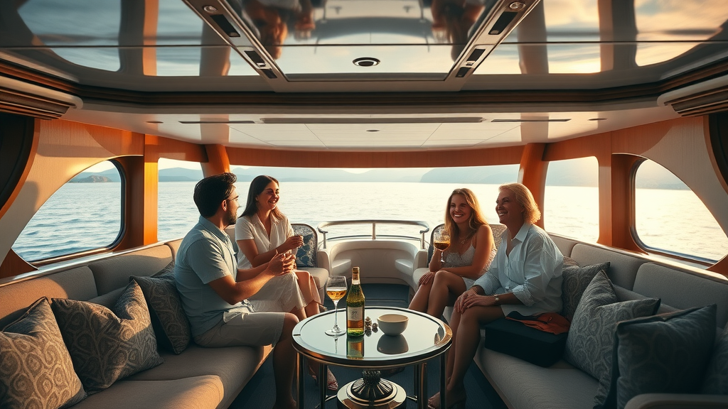 Sumptuous luxury yacht interior with guests enjoying drinks and panoramic Cabo San Lucas view