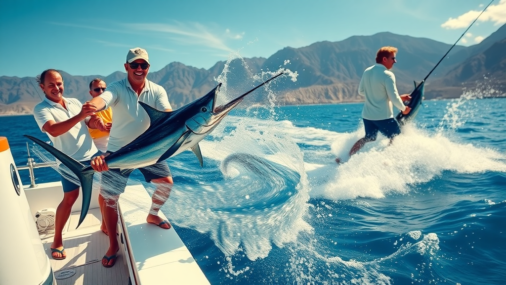 Excited anglers on a fishing yacht charter battling a marlin in sparkling Sea of Cortez, Cabo San Lucas coast