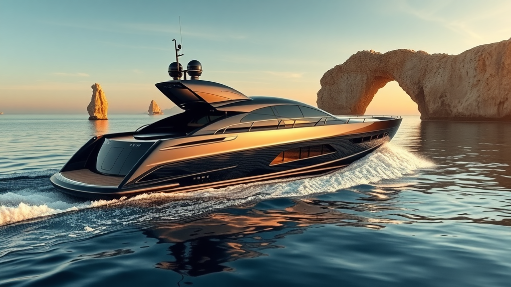 Sleek black luxury yacht rental cruising near Cabo’s famous arch at Land’s End