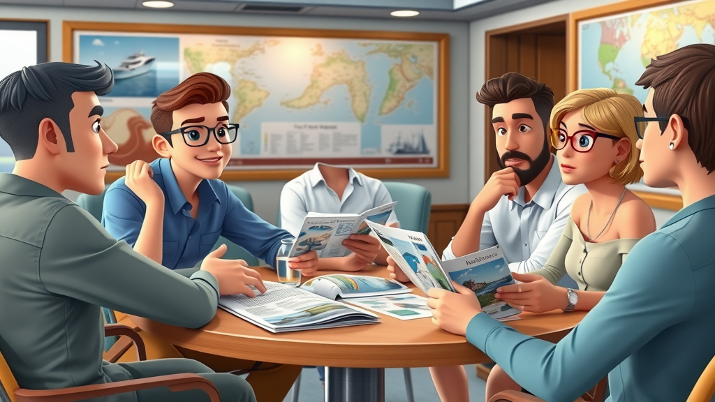 Group of travelers discussing yacht rental brochures and itineraries in indoor marina office, animated style