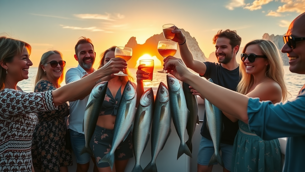 Sunset celebration on yacht deck with group toasting drinks and displaying caught fish near Cabo San Lucas arch