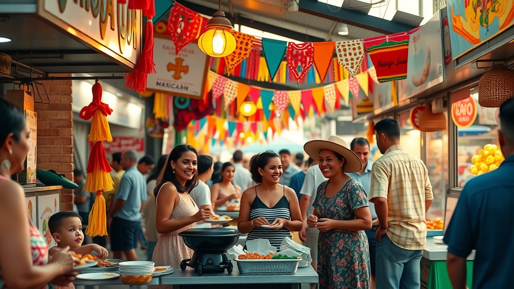 Mexican food Cabo street food stall, families and friends in Cabo San Lucas enjoying authentic cuisine, decorated with papel picado and lively food carts