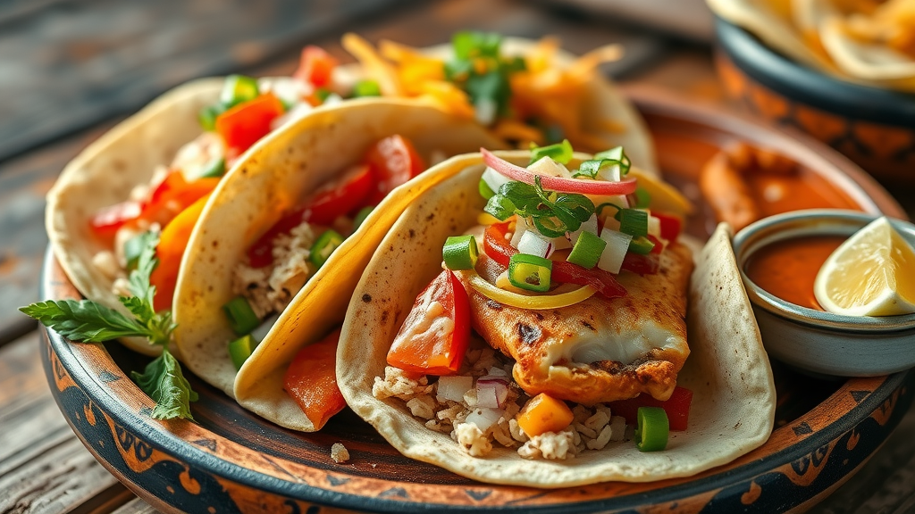 Baja fish tacos and birria in Cabo San Lucas, vibrant colors, traditional Mexican food Cabo presentation on pottery