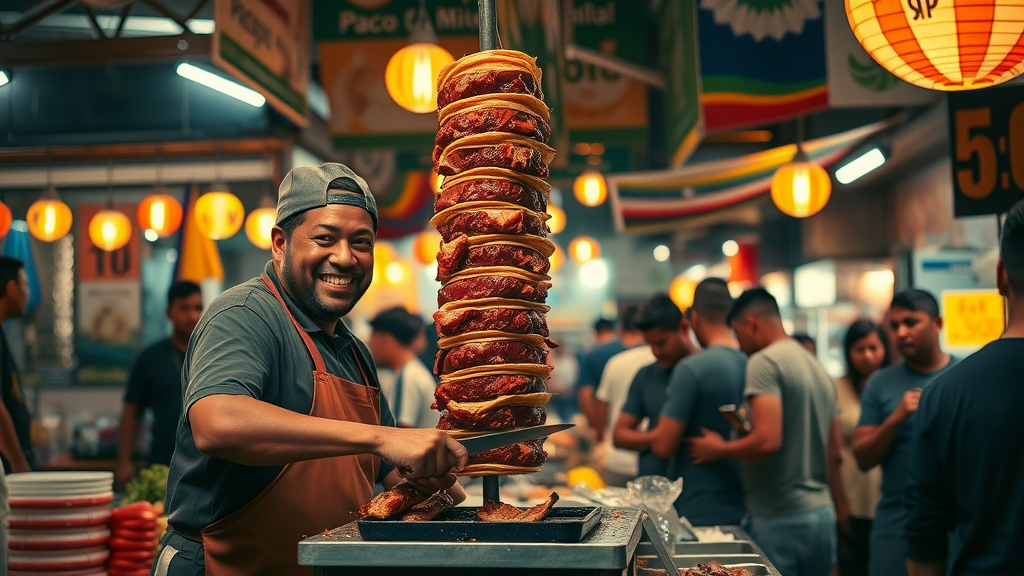 Night market in Cabo San Lucas, taquero slicing tacos al pastor for locals, vibrant Mexican food Cabo street scene