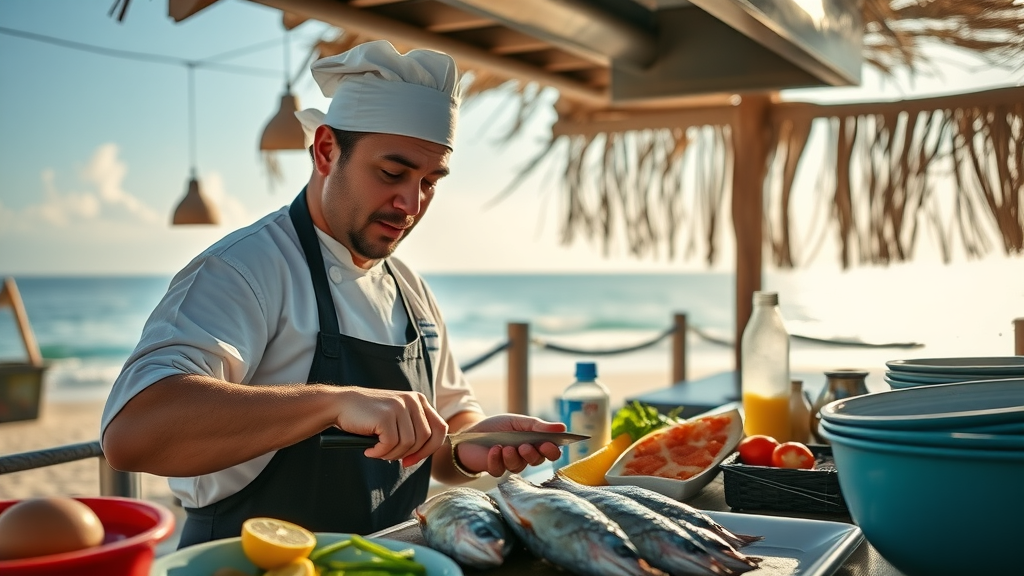 Mexican food Cabo seafood kitchen near Playa Grande, chef preparing fresh catch with Baja California Sur ingredients