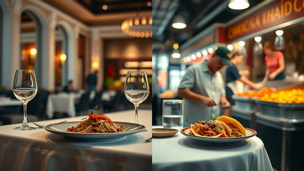 Elegant split-scene showing Cabo San Lucas Michelin star restaurant and bustling street food market, Mexican food Cabo